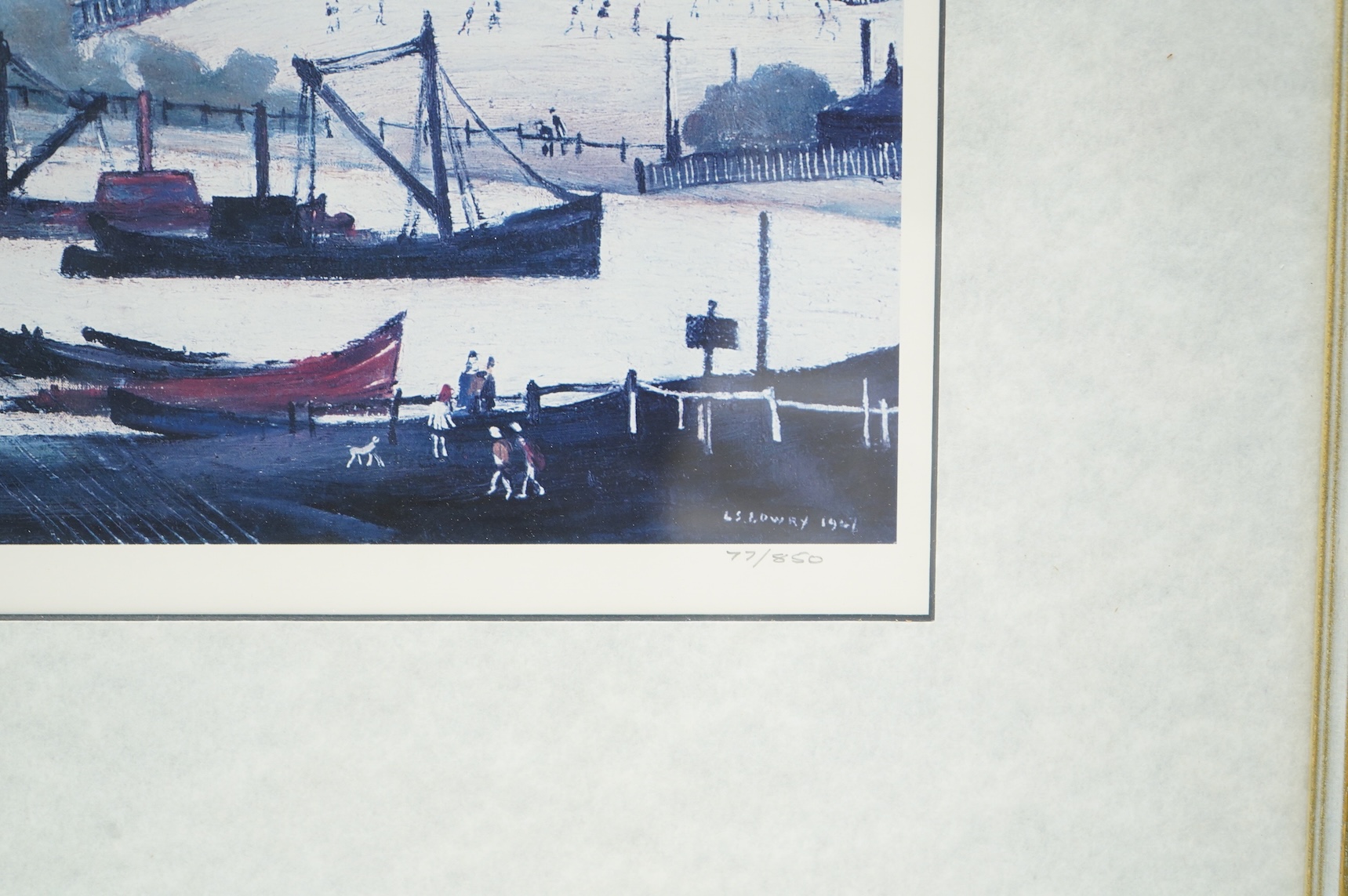 After Laurence Stephen Lowry RBA RA (1887-1976), ‘A River Bank’, hand numbered 77/860 and blind stamped Limited Edition, colour print, 41 x 51cm